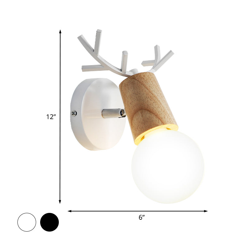 Nordic Shadeless Rotatable Wall Lamp Wood 1 Head Bedroom Sconce Lighting in Black/White with Antler Top Clearhalo 'Wall Lamps & Sconces' 'Wall Lights' Lighting' 1473366