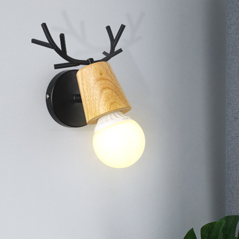 Nordic Shadeless Rotatable Wall Lamp Wood 1 Head Bedroom Sconce Lighting in Black/White with Antler Top Clearhalo 'Wall Lamps & Sconces' 'Wall Lights' Lighting' 1473367