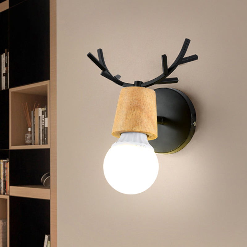 Nordic Shadeless Rotatable Wall Lamp Wood 1 Head Bedroom Sconce Lighting in Black/White with Antler Top Clearhalo 'Wall Lamps & Sconces' 'Wall Lights' Lighting' 1473369