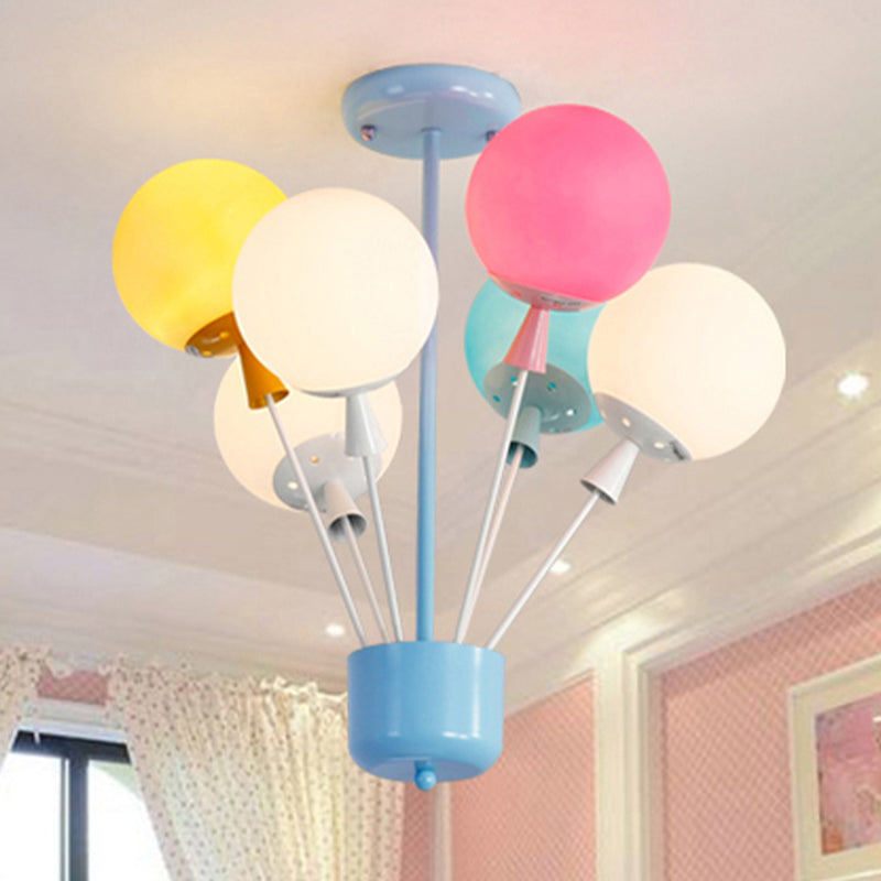 6 Lights Nursery Semi Flush Mount Kids Blue Ceiling Light with Balloon Pink-Yellow-Green Glass Shade Pink-Yellow-Green Clearhalo 'Ceiling Lights' 'Close To Ceiling Lights' 'Close to ceiling' 'Glass shade' 'Glass' 'Semi-flushmount' Lighting' 1473422