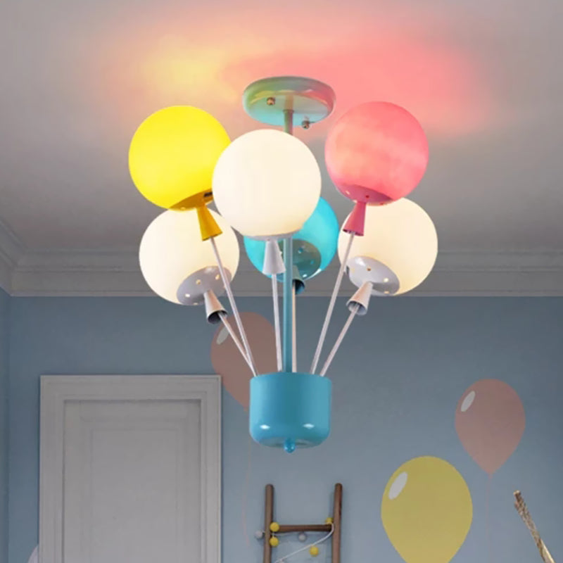 6 Lights Nursery Semi Flush Mount Kids Blue Ceiling Light with Balloon Pink-Yellow-Green Glass Shade Clearhalo 'Ceiling Lights' 'Close To Ceiling Lights' 'Close to ceiling' 'Glass shade' 'Glass' 'Semi-flushmount' Lighting' 1473423