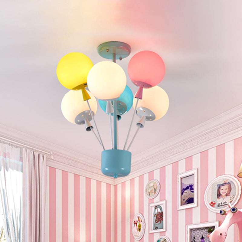 6 Lights Nursery Semi Flush Mount Kids Blue Ceiling Light with Balloon Pink-Yellow-Green Glass Shade Clearhalo 'Ceiling Lights' 'Close To Ceiling Lights' 'Close to ceiling' 'Glass shade' 'Glass' 'Semi-flushmount' Lighting' 1473424