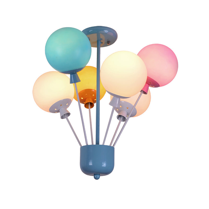 6 Lights Nursery Semi Flush Mount Kids Blue Ceiling Light with Balloon Pink-Yellow-Green Glass Shade Clearhalo 'Ceiling Lights' 'Close To Ceiling Lights' 'Close to ceiling' 'Glass shade' 'Glass' 'Semi-flushmount' Lighting' 1473425