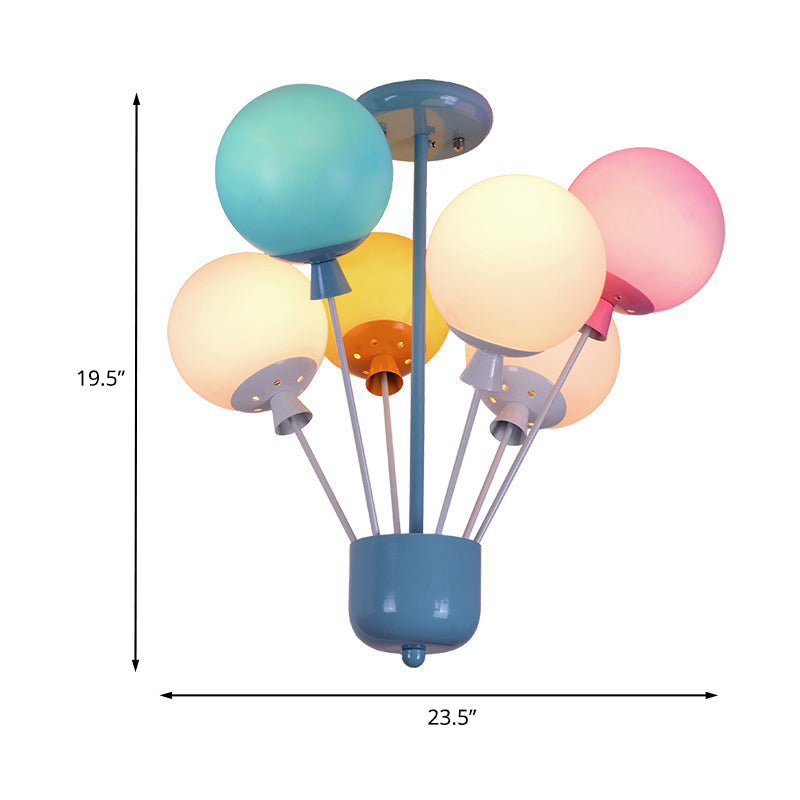 6 Lights Nursery Semi Flush Mount Kids Blue Ceiling Light with Balloon Pink-Yellow-Green Glass Shade Clearhalo 'Ceiling Lights' 'Close To Ceiling Lights' 'Close to ceiling' 'Glass shade' 'Glass' 'Semi-flushmount' Lighting' 1473426