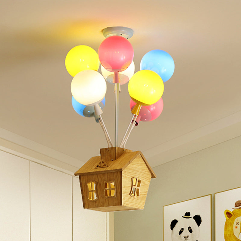 Balloon Nursery Semi Flush Light Blue-Pink-Yellow Glass 6 Lights Kids Ceiling Flush with Wooden House Blue-Pink-Yellow Clearhalo 'Ceiling Lights' 'Close To Ceiling Lights' 'Close to ceiling' 'Glass shade' 'Glass' 'Pendant Lights' 'Semi-flushmount' Lighting' 1473427