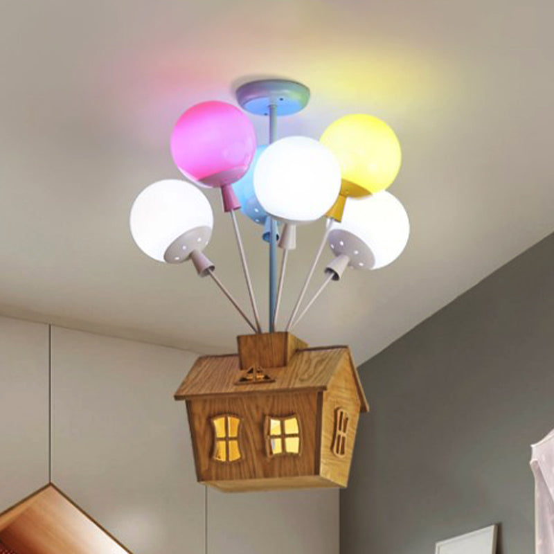 Balloon Nursery Semi Flush Light Blue-Pink-Yellow Glass 6 Lights Kids Ceiling Flush with Wooden House Clearhalo 'Ceiling Lights' 'Close To Ceiling Lights' 'Close to ceiling' 'Glass shade' 'Glass' 'Pendant Lights' 'Semi-flushmount' Lighting' 1473428