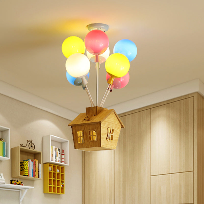 Balloon Nursery Semi Flush Light Blue-Pink-Yellow Glass 6 Lights Kids Ceiling Flush with Wooden House Clearhalo 'Ceiling Lights' 'Close To Ceiling Lights' 'Close to ceiling' 'Glass shade' 'Glass' 'Pendant Lights' 'Semi-flushmount' Lighting' 1473429