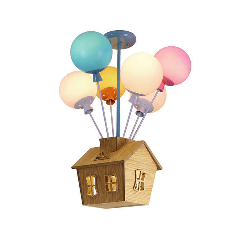 Balloon Nursery Semi Flush Light Blue-Pink-Yellow Glass 6 Lights Kids Ceiling Flush with Wooden House Clearhalo 'Ceiling Lights' 'Close To Ceiling Lights' 'Close to ceiling' 'Glass shade' 'Glass' 'Pendant Lights' 'Semi-flushmount' Lighting' 1473430