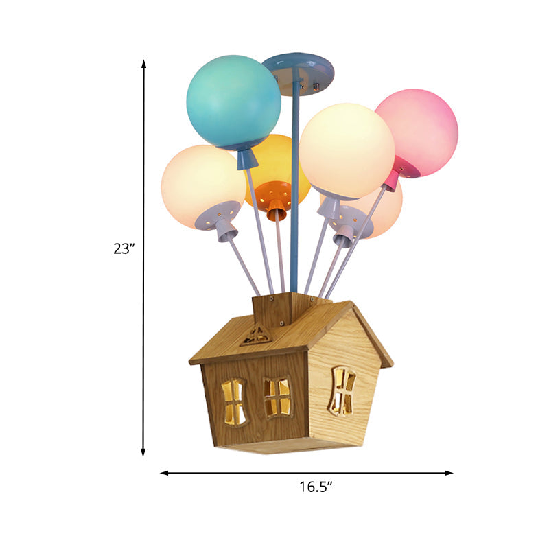 Balloon Nursery Semi Flush Light Blue-Pink-Yellow Glass 6 Lights Kids Ceiling Flush with Wooden House Clearhalo 'Ceiling Lights' 'Close To Ceiling Lights' 'Close to ceiling' 'Glass shade' 'Glass' 'Pendant Lights' 'Semi-flushmount' Lighting' 1473431