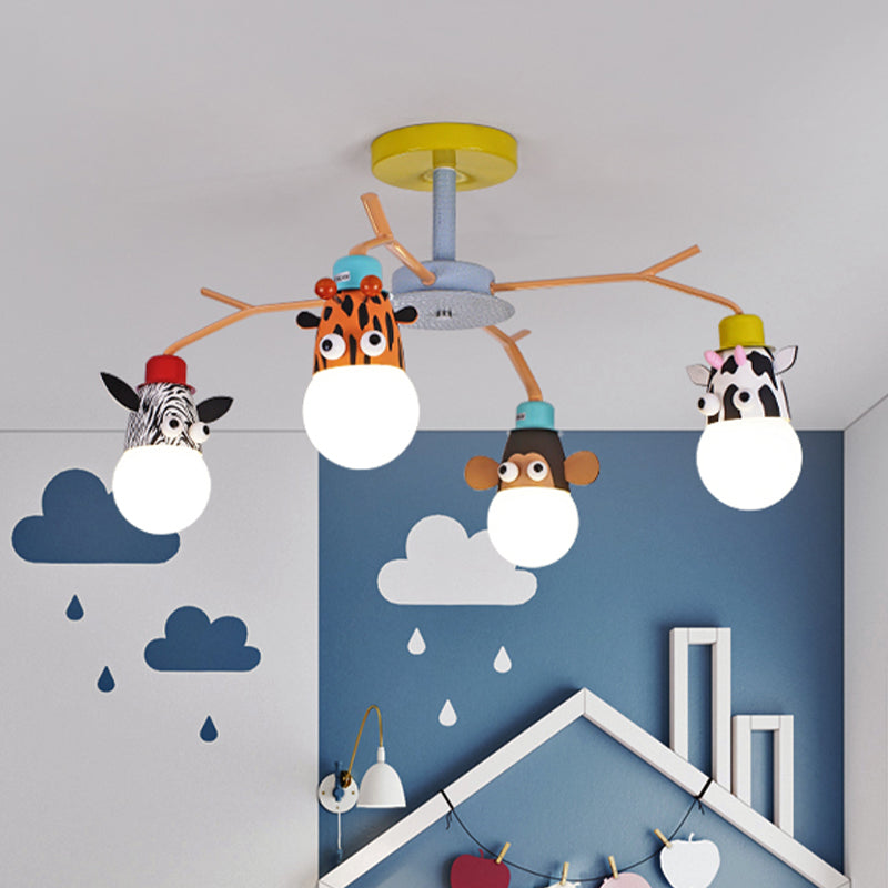 White Glass Animal Ceiling Light Kids 4 Bulbs Yellow Semi Flush Mount Lighting for Nursery Yellow Clearhalo 'Ceiling Lights' 'Close To Ceiling Lights' 'Close to ceiling' 'Glass shade' 'Glass' 'Pendant Lights' 'Semi-flushmount' Lighting' 1473432