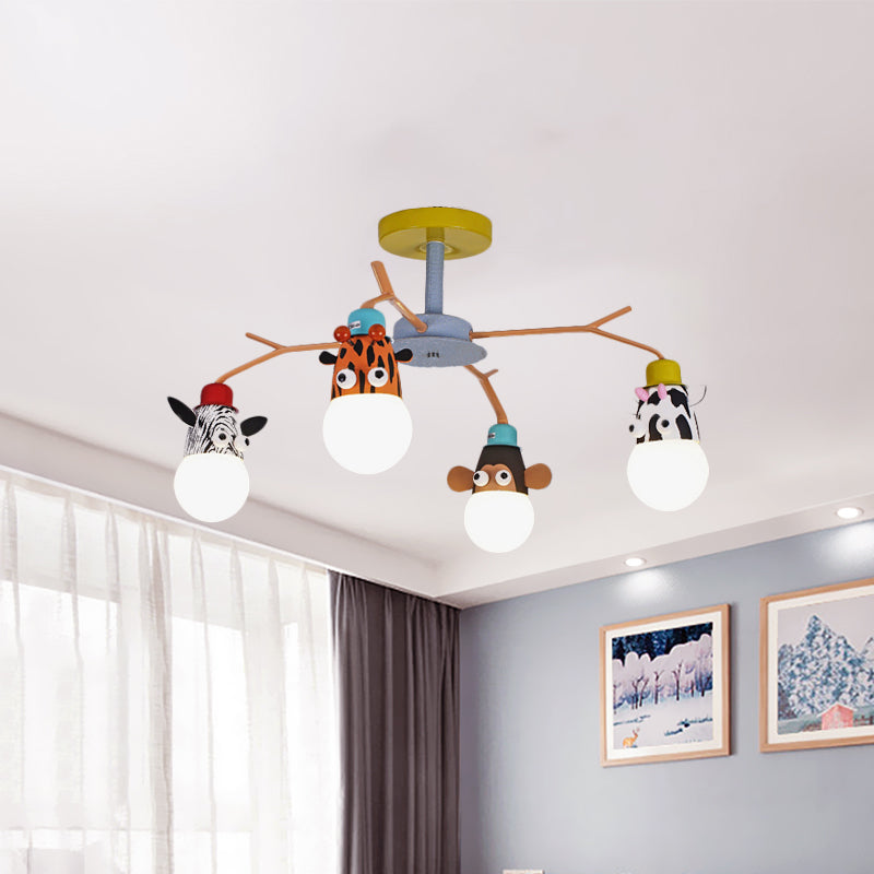 White Glass Animal Ceiling Light Kids 4 Bulbs Yellow Semi Flush Mount Lighting for Nursery Clearhalo 'Ceiling Lights' 'Close To Ceiling Lights' 'Close to ceiling' 'Glass shade' 'Glass' 'Pendant Lights' 'Semi-flushmount' Lighting' 1473433