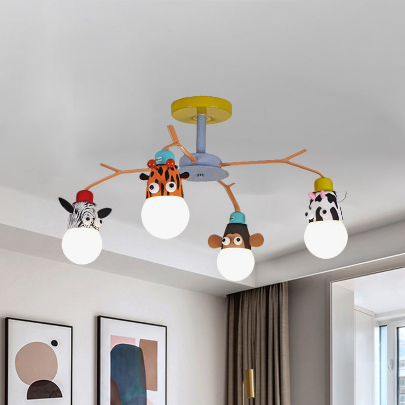 White Glass Animal Ceiling Light Kids 4 Bulbs Yellow Semi Flush Mount Lighting for Nursery Clearhalo 'Ceiling Lights' 'Close To Ceiling Lights' 'Close to ceiling' 'Glass shade' 'Glass' 'Pendant Lights' 'Semi-flushmount' Lighting' 1473434