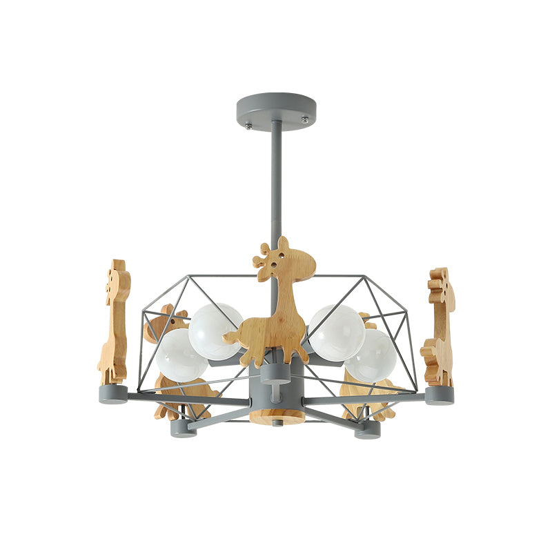 Wooden Giraffe Ceiling Fixture Kids 5 Lights Grey/Pink/Green Semi Flush Mount Light with Star Iron Frame Clearhalo 'Ceiling Lights' 'Close To Ceiling Lights' 'Close to ceiling' 'Semi-flushmount' Lighting' 1473490