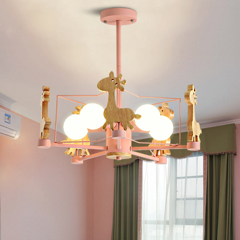 Wooden Giraffe Ceiling Fixture Kids 5 Lights Grey/Pink/Green Semi Flush Mount Light with Star Iron Frame Pink Clearhalo 'Ceiling Lights' 'Close To Ceiling Lights' 'Close to ceiling' 'Semi-flushmount' Lighting' 1473498