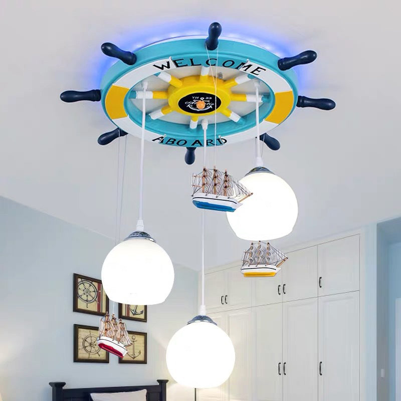 Cream Glass Rudder Cluster Pendant Kids 3-Bulb Light/Dark Blue Hanging Ceiling Light for Living Room Light Blue Clearhalo 'Ceiling Lights' 'Glass shade' 'Glass' 'Pendant Lights' 'Pendants' Lighting' 1473523