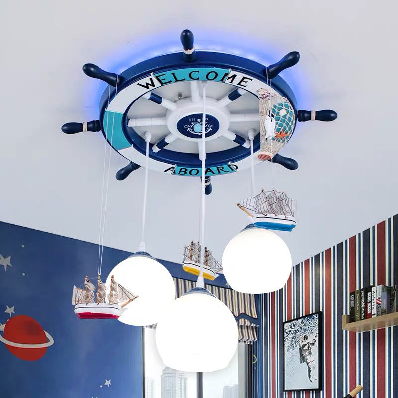 Cream Glass Rudder Cluster Pendant Kids 3-Bulb Light/Dark Blue Hanging Ceiling Light for Living Room Clearhalo 'Ceiling Lights' 'Glass shade' 'Glass' 'Pendant Lights' 'Pendants' Lighting' 1473527