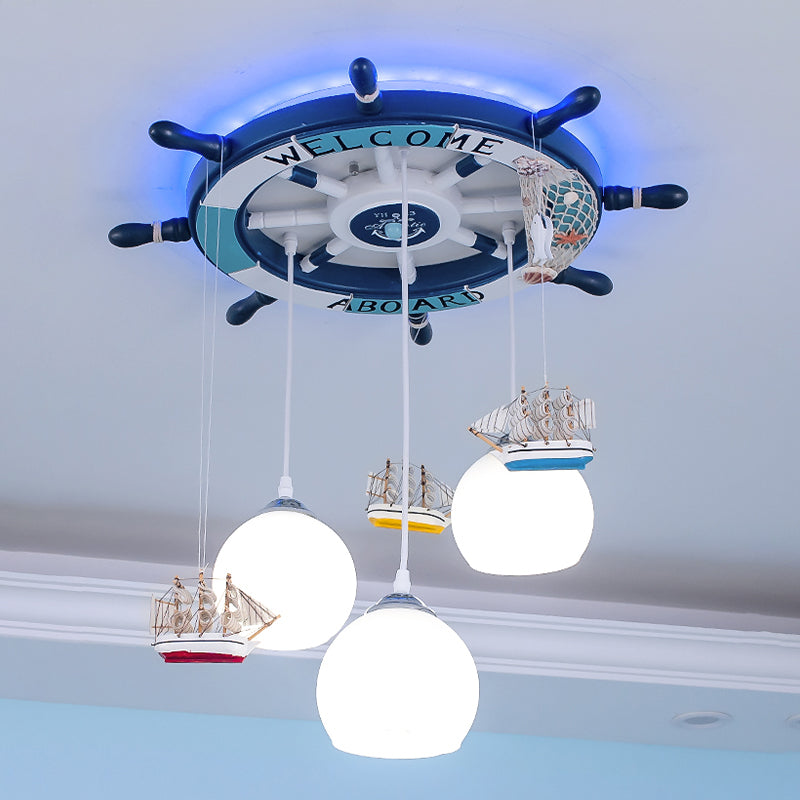 Cream Glass Rudder Cluster Pendant Kids 3-Bulb Light/Dark Blue Hanging Ceiling Light for Living Room Dark Blue Clearhalo 'Ceiling Lights' 'Glass shade' 'Glass' 'Pendant Lights' 'Pendants' Lighting' 1473528