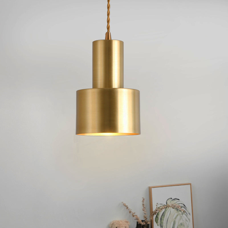 Colonial Cylinder Pendant Light Fixture 1 Bulb Iron Ceiling Suspension Lamp in Gold for Bedroom Gold Clearhalo 'Ceiling Lights' 'Pendant Lights' 'Pendants' Lighting' 1473609_4e0fc7a6-f143-40a6-883a-80e579cf61e9