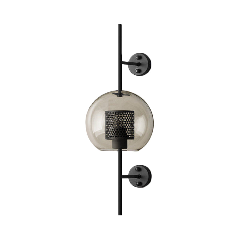 Colonial Sphere Wall Sconce 1 Head Smoke Gray Glass Wall Lighting in Black with Cylinder Wire Mesh Inside, 8