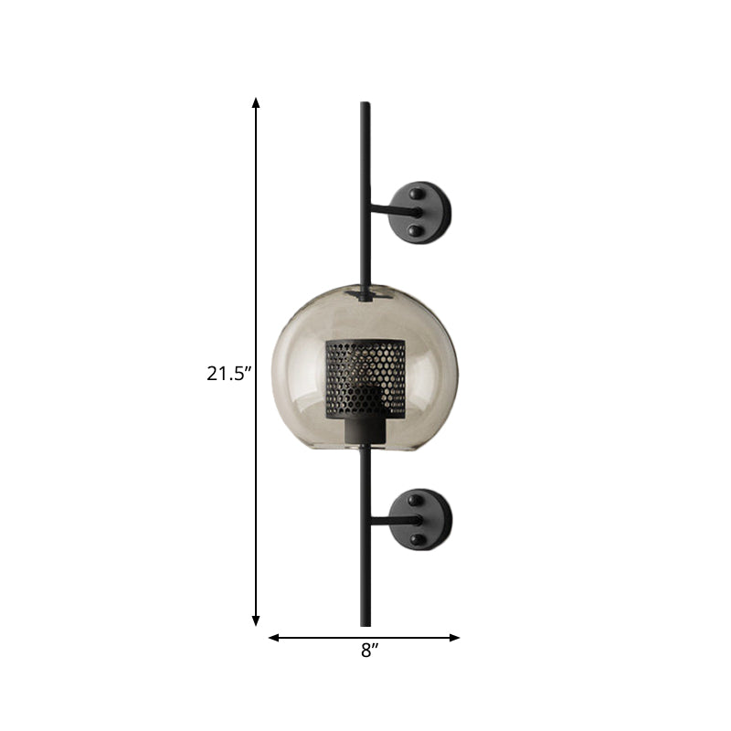 Colonial Sphere Wall Sconce 1 Head Smoke Gray Glass Wall Lighting in Black with Cylinder Wire Mesh Inside, 8