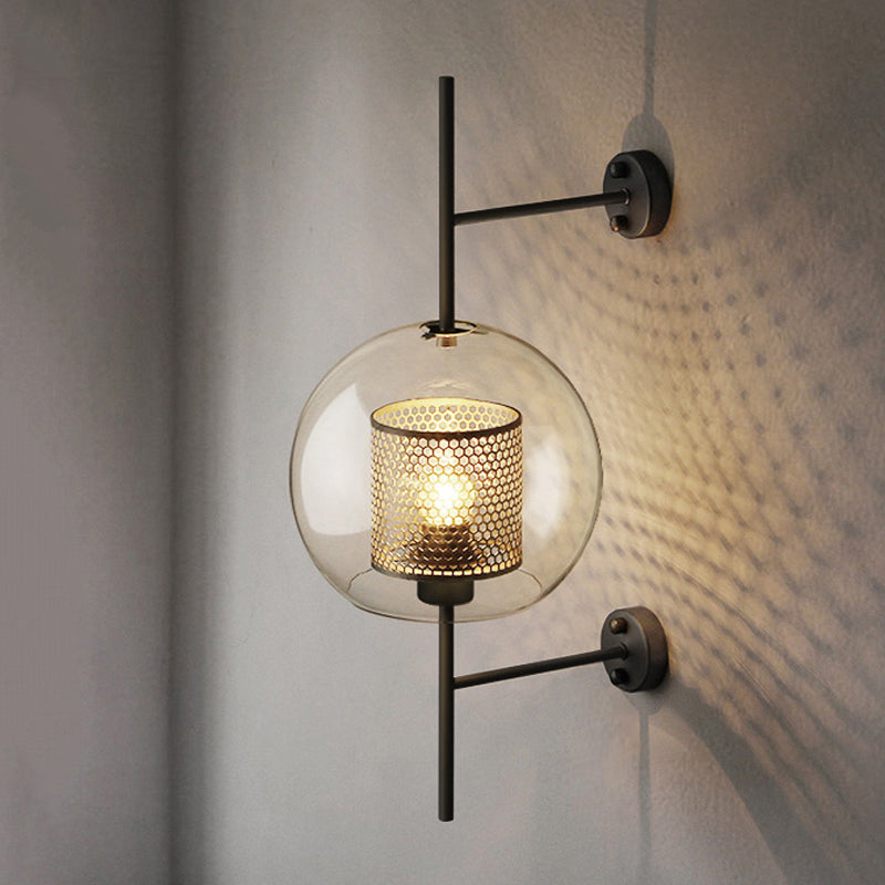 Colonial Sphere Wall Sconce 1 Head Smoke Gray Glass Wall Lighting in Black with Cylinder Wire Mesh Inside, 8