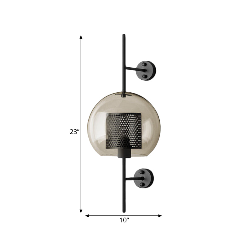 Colonial Sphere Wall Sconce 1 Head Smoke Gray Glass Wall Lighting in Black with Cylinder Wire Mesh Inside, 8