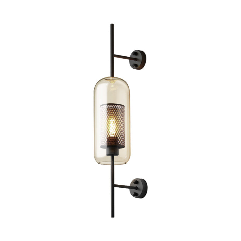 Cognac Glass Black Wall Lamp Oblong 1 Bulb Colonial Wall Mounted Light with Inner Column Mesh Screen, 5