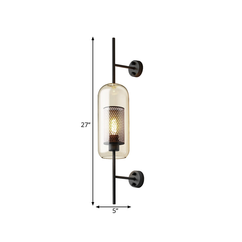 Cognac Glass Black Wall Lamp Oblong 1 Bulb Colonial Wall Mounted Light with Inner Column Mesh Screen, 5