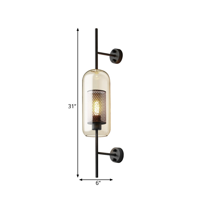 Cognac Glass Black Wall Lamp Oblong 1 Bulb Colonial Wall Mounted Light with Inner Column Mesh Screen, 5