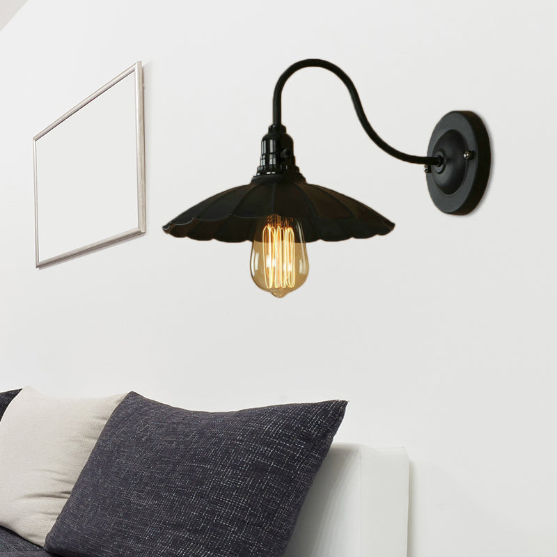 Gooseneck Living Room Wall Mount Light with Scalloped Shade Industrial Metal 1 Bulb Black Wall Sconce, 10