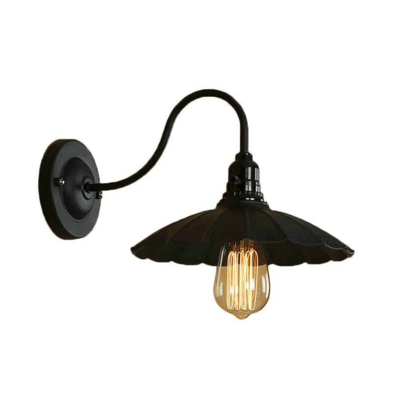 Gooseneck Living Room Wall Mount Light with Scalloped Shade Industrial Metal 1 Bulb Black Wall Sconce, 10