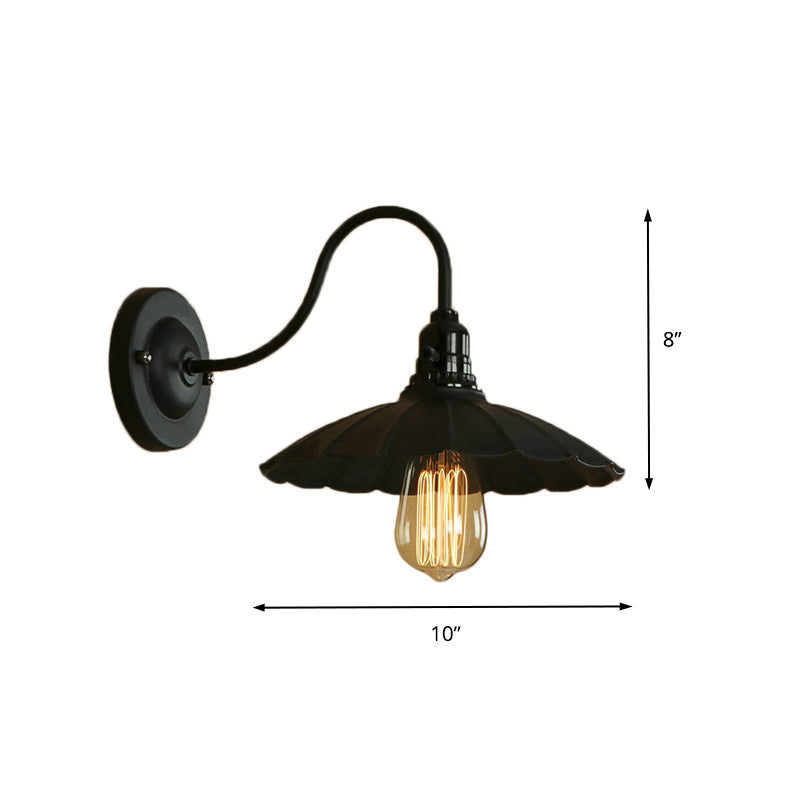 Gooseneck Living Room Wall Mount Light with Scalloped Shade Industrial Metal 1 Bulb Black Wall Sconce, 10