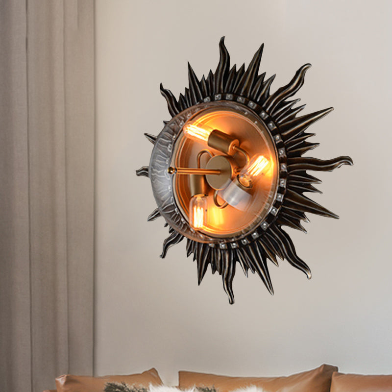 Black Sun Sconce Lighting Fixture Rustic Metal 3 Bulbs Bedroom Wall Lamp with Clear Glass Shade Black Clearhalo 'Wall Lamps & Sconces' 'Wall Lights' Lighting' 1473801