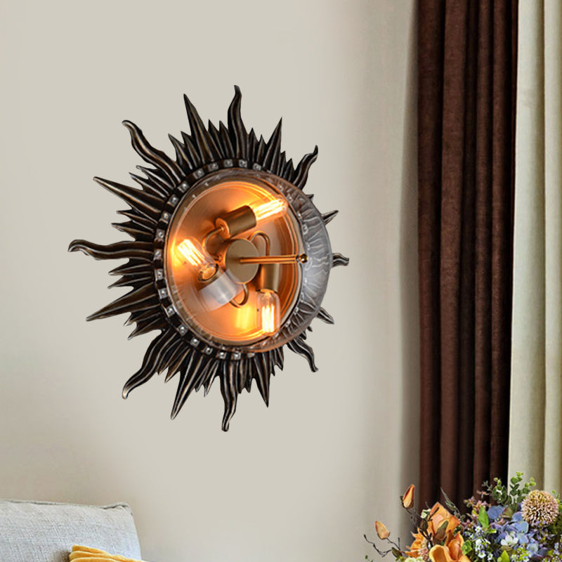 Black Sun Sconce Lighting Fixture Rustic Metal 3 Bulbs Bedroom Wall Lamp with Clear Glass Shade Clearhalo 'Wall Lamps & Sconces' 'Wall Lights' Lighting' 1473802