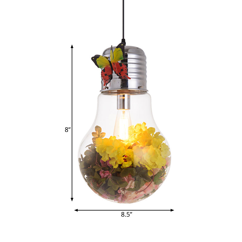 Bulb Shape Restaurant Suspension Light Art Deco Clear Glass 1-Head Silver Flower Down Lighting Pendant, 6