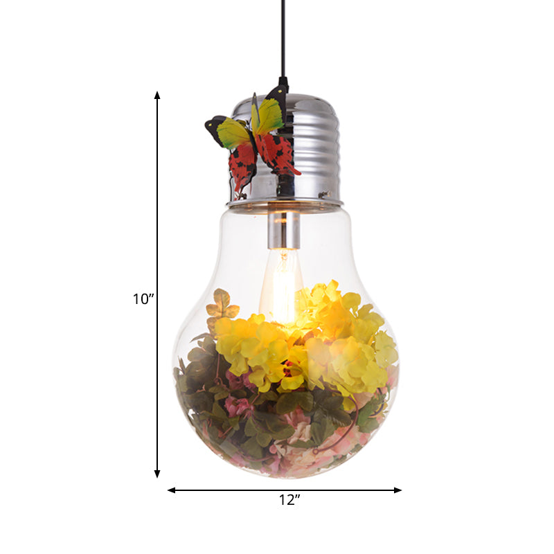 Bulb Shape Restaurant Suspension Light Art Deco Clear Glass 1-Head Silver Flower Down Lighting Pendant, 6