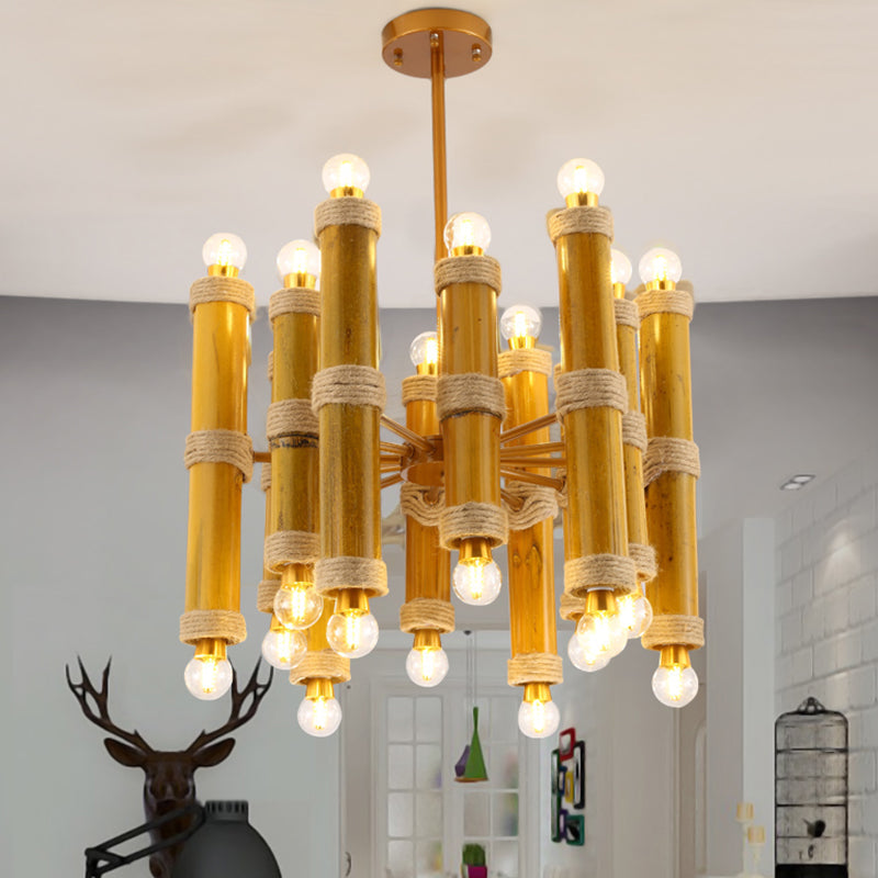 Bamboo Tube Rope Ceiling Chandelier Antique 24 Lights Living Room Pendant Lamp in Yellow Clearhalo 'Ceiling Lights' 'Chandeliers' 'Industrial Chandeliers' 'Industrial' 'Middle Century Chandeliers' 'Tiffany' Lighting' 1473968