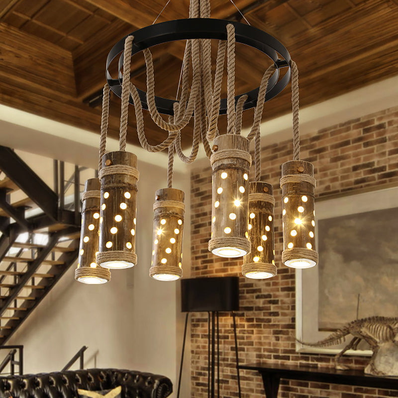 Black Cutout Tube Chandelier Light Industrial Bamboo 6 Bulbs Living Room Drop Lamp with Rope Black Clearhalo 'Ceiling Lights' 'Chandeliers' 'Industrial Chandeliers' 'Industrial' 'Middle Century Chandeliers' 'Tiffany' Lighting' 1473982