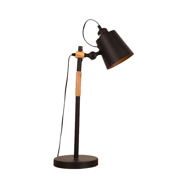 Metal Bucket Night Lighting Industrial 1 Bulb Living Room Table Light with Wooden Arm in Black/White Clearhalo 'Lamps' 'Table Lamps' Lighting' 1474081