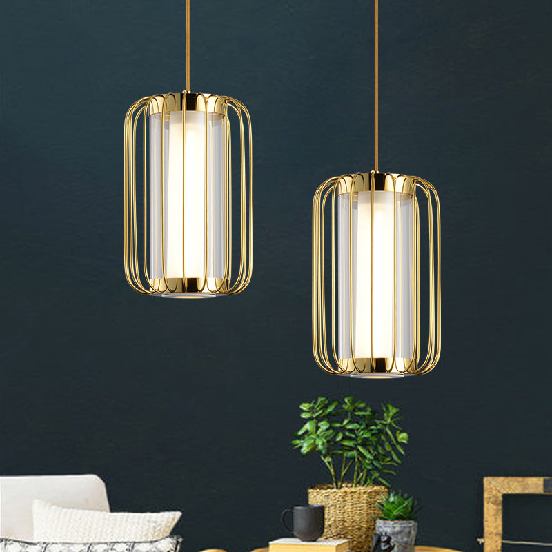 1-Head Pendant Lighting Colonialism Cylinder Clear Glass Hanging Lamp Kit with Metal Frame for Bedroom Gold Clearhalo 'Ceiling Lights' 'Pendant Lights' 'Pendants' Lighting' 1474141_8b6b3cc6-a4de-4f89-a230-7d8e3b5673ea