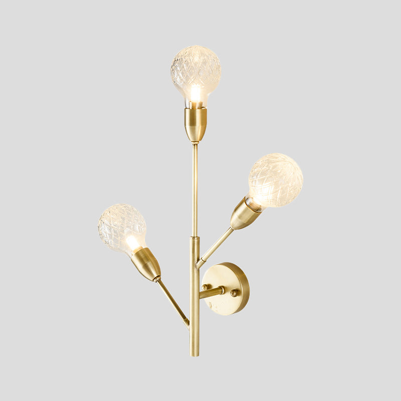 Gold Sphere Sconce Light Fixture Colonial Clear Ribbed Glass 3 Heads Living Room Wall Lighting Clearhalo 'Wall Lamps & Sconces' 'Wall Lights' Lighting' 1474154