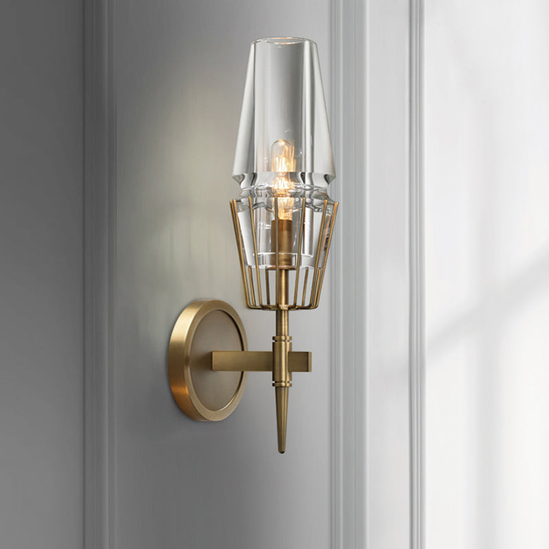 Clear Glass Tapered Sconce Lighting Colonial 1/2-Light Porch Wall Light in Gold with Metal Frame Clearhalo 'Wall Lamps & Sconces' 'Wall Lights' Lighting' 1474156