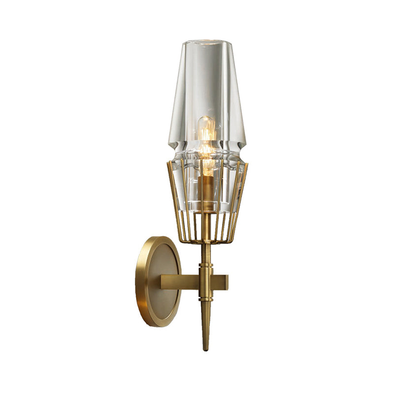 Clear Glass Tapered Sconce Lighting Colonial 1/2-Light Porch Wall Light in Gold with Metal Frame Clearhalo 'Wall Lamps & Sconces' 'Wall Lights' Lighting' 1474158