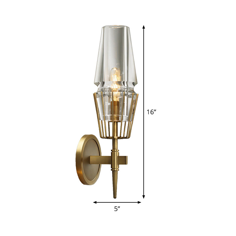 Clear Glass Tapered Sconce Lighting Colonial 1/2-Light Porch Wall Light in Gold with Metal Frame Clearhalo 'Wall Lamps & Sconces' 'Wall Lights' Lighting' 1474160