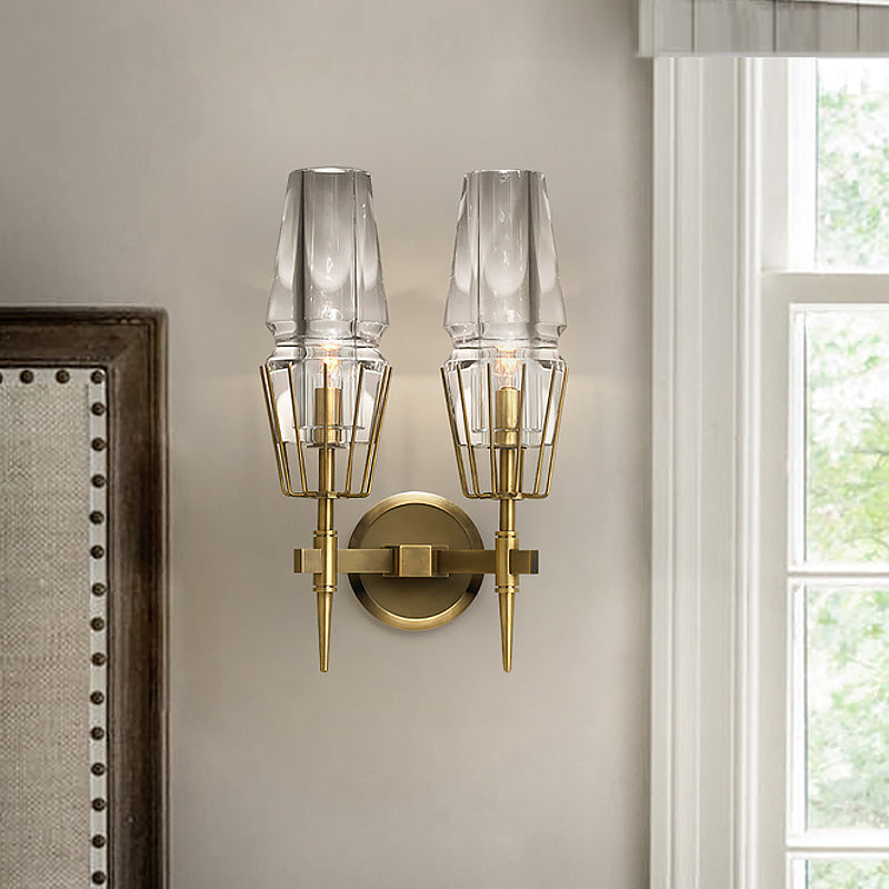 Clear Glass Tapered Sconce Lighting Colonial 1/2-Light Porch Wall Light in Gold with Metal Frame Clearhalo 'Wall Lamps & Sconces' 'Wall Lights' Lighting' 1474161