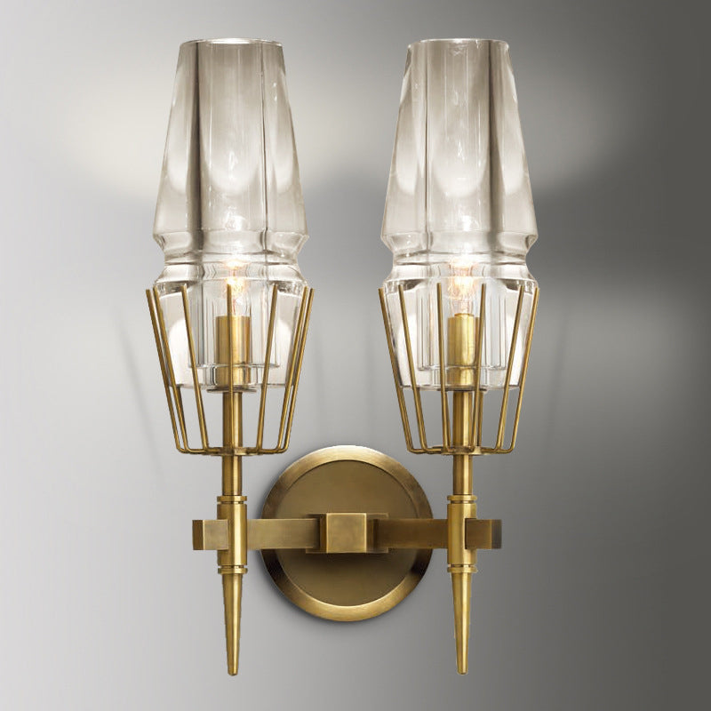 Clear Glass Tapered Sconce Lighting Colonial 1/2-Light Porch Wall Light in Gold with Metal Frame Clearhalo 'Wall Lamps & Sconces' 'Wall Lights' Lighting' 1474164