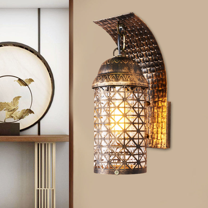 Bronze Lantern Sconce Wall Lighting Rustic Iron 1 Light Living Room Wall Lamp with Cutout Design Bronze Clearhalo 'Wall Lamps & Sconces' 'Wall Lights' Lighting' 1474181