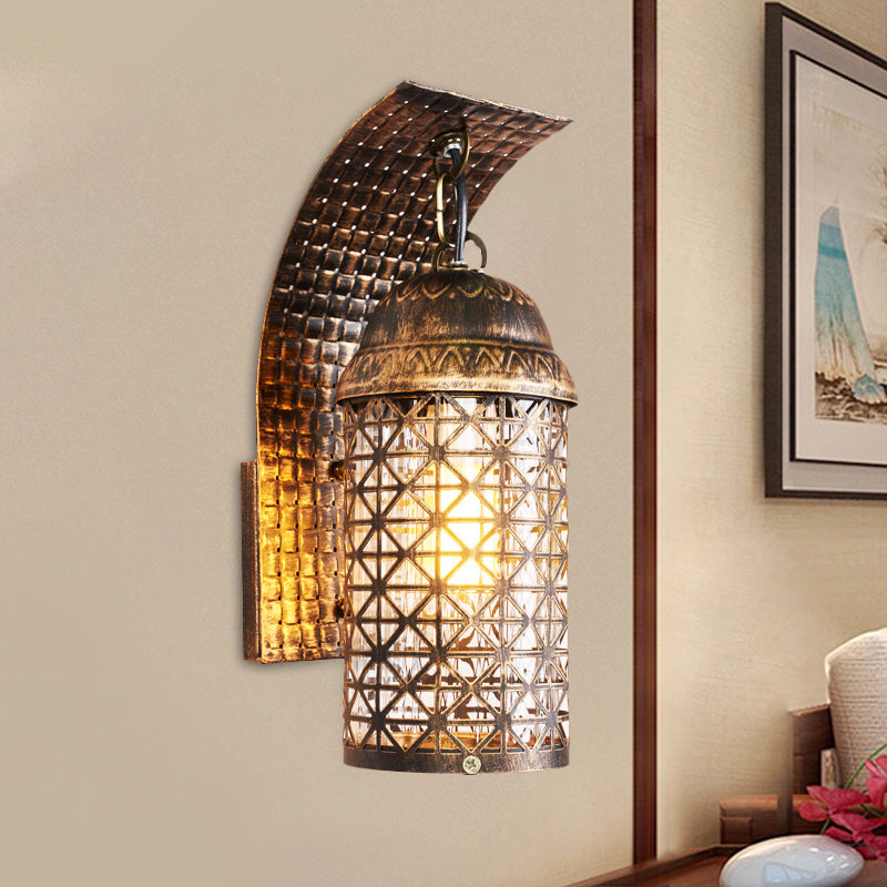 Bronze Lantern Sconce Wall Lighting Rustic Iron 1 Light Living Room Wall Lamp with Cutout Design Clearhalo 'Wall Lamps & Sconces' 'Wall Lights' Lighting' 1474182