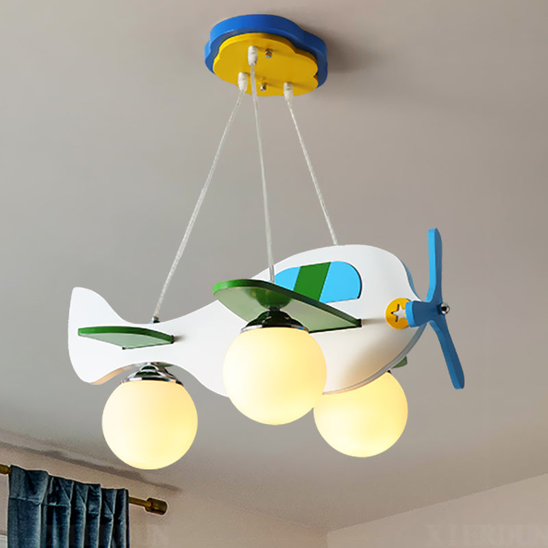 Blue Plane Suspension Lighting Kids 3 Bulbs Ivory Glass Multi Light Pendant for Children Bedroom Blue Clearhalo 'Ceiling Lights' 'Glass shade' 'Glass' 'Pendant Lights' 'Pendants' Lighting' 1474230