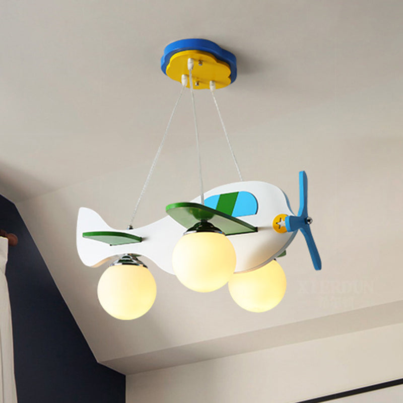 Blue Plane Suspension Lighting Kids 3 Bulbs Ivory Glass Multi Light Pendant for Children Bedroom Clearhalo 'Ceiling Lights' 'Glass shade' 'Glass' 'Pendant Lights' 'Pendants' Lighting' 1474232